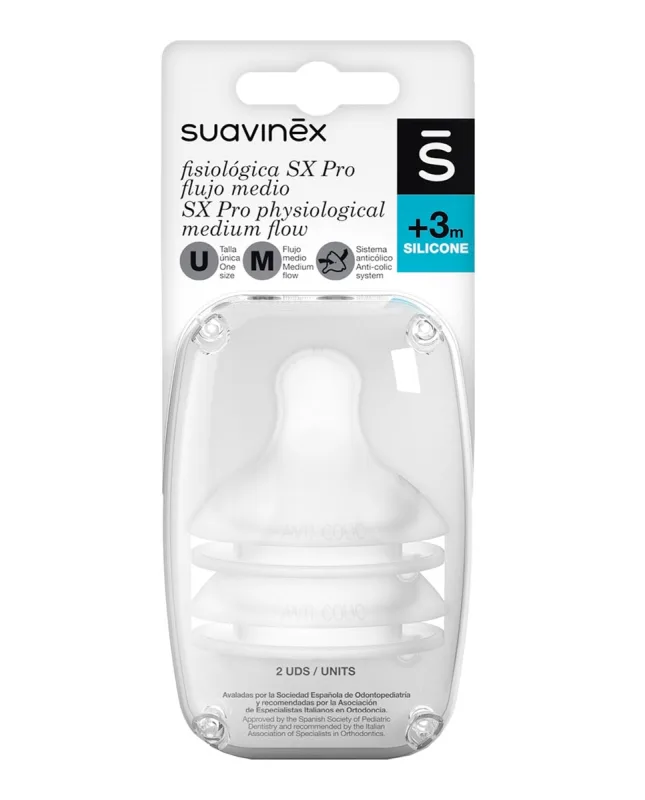 Suavinex - Tetina fisiológica SX Pro de silicona Flujo medio +3 meses Sistema anticólico Suavinex.