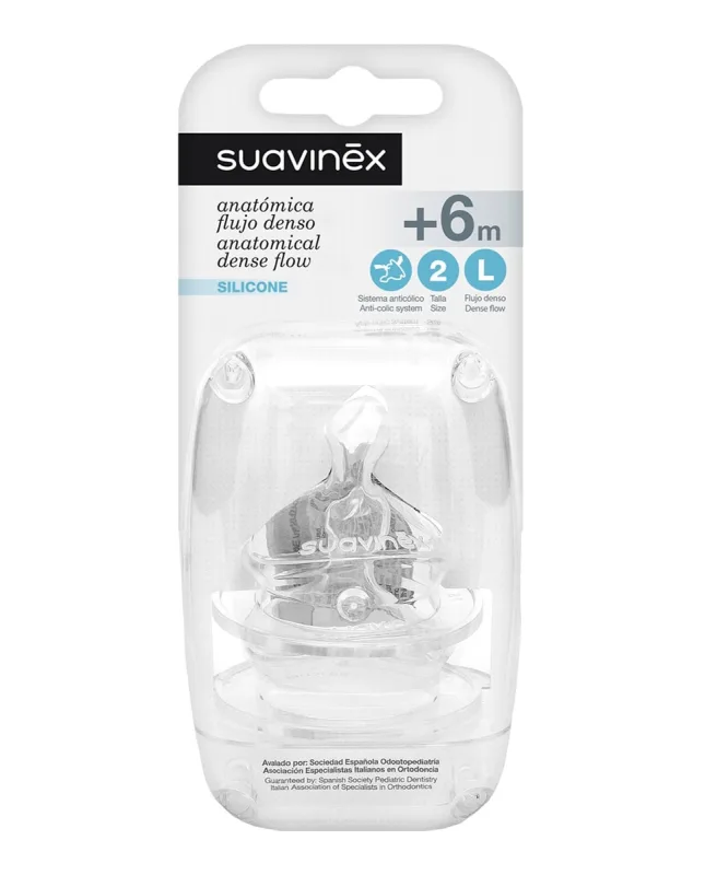 Suavinex - Tetina Anatómica Silicona Boca ancha talla 2 M Flujo Denso +6 Meses Sistema Anticólico Suavinex.