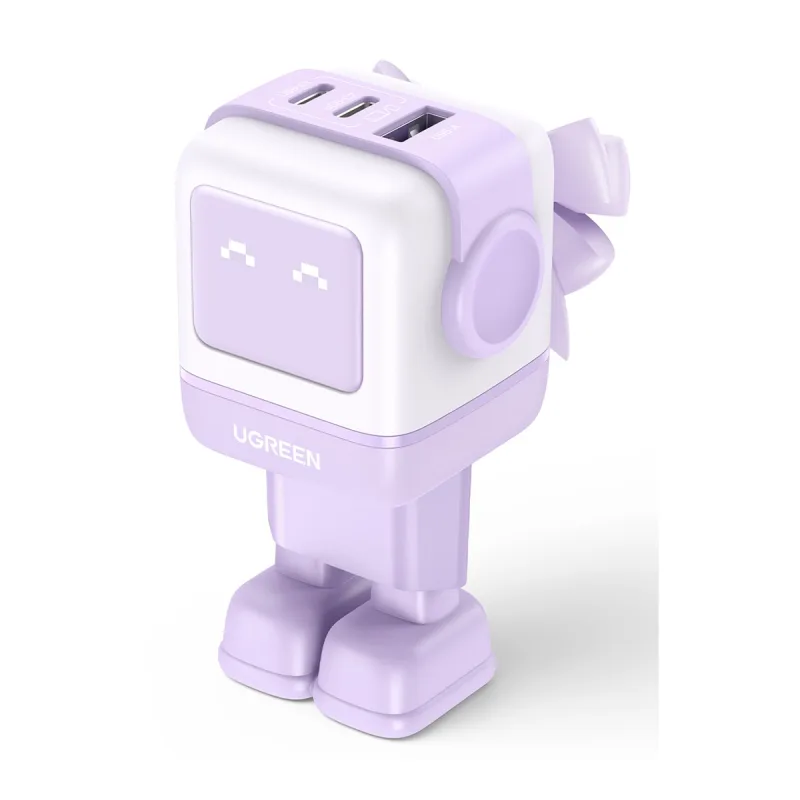 UGREEN - Cargador Ugreen Nexode Robot 65W GaN con 3 puertos: 2 USB-C y 1 USB-A con carga rápida, violeta.