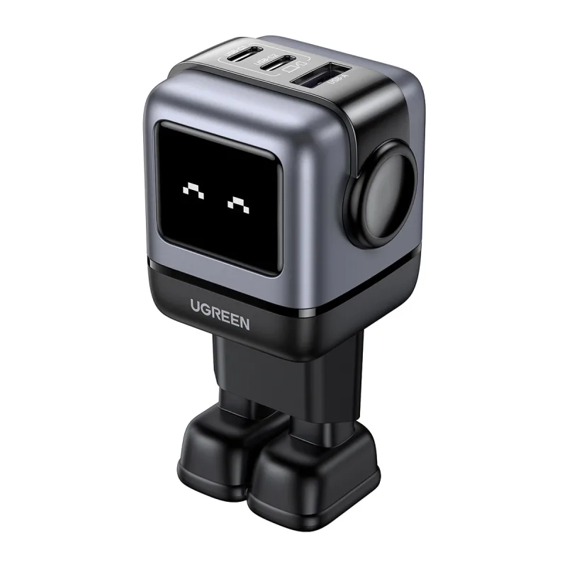 UGREEN - Cargador Ugreen Nexode Robot 65W GaN con 3 puertos: 2 USB-C y 1 USB-A con carga rápida, negro.