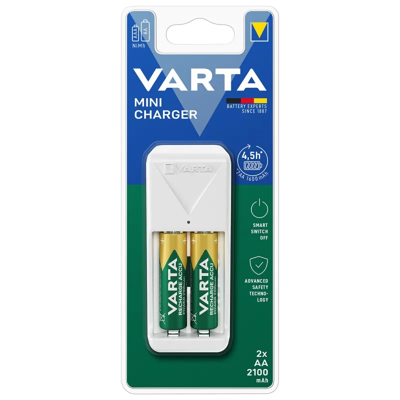 Varta - Cargador de pilas recargable Varta Mini Charger AA / AAA (incluye 2 bat. AA 2100mAh).