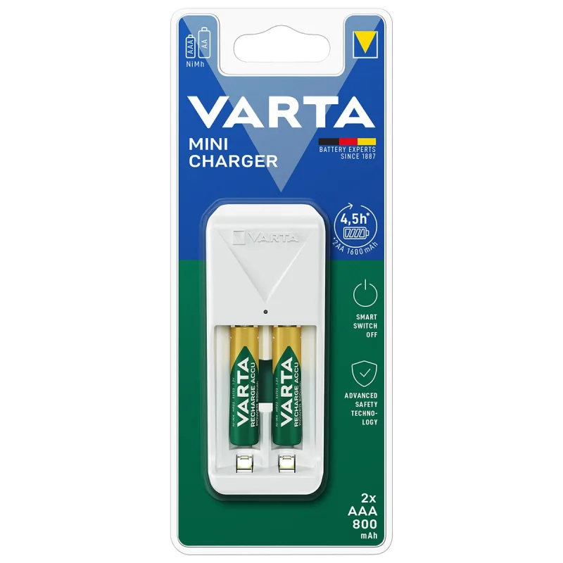 Varta - Cargador de pilas recargable Varta Mini Charger AA / AAA (incluye 2 bat. AAA 800mAh).