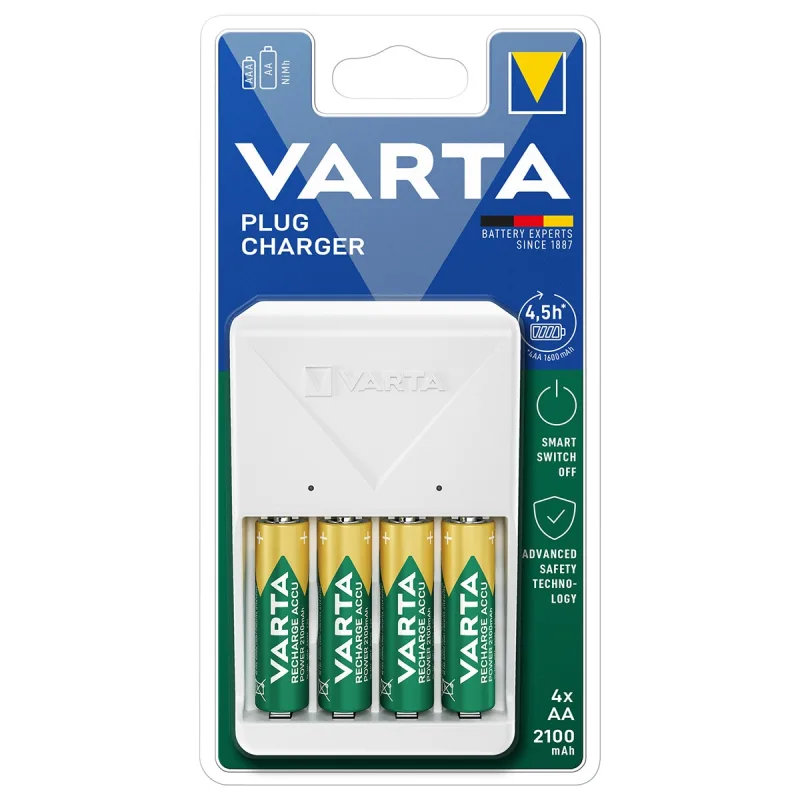 Varta - Cargador de pilas recargable Varta Plug Charger AA / AAA (incluye 4 bat. AA 2100mAh).