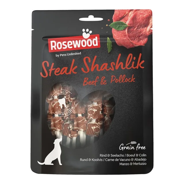 Rosewood - Snack para perros adultos medianos y grandes Steak Shashlik Rosewood ternera y bacalao 100 g.