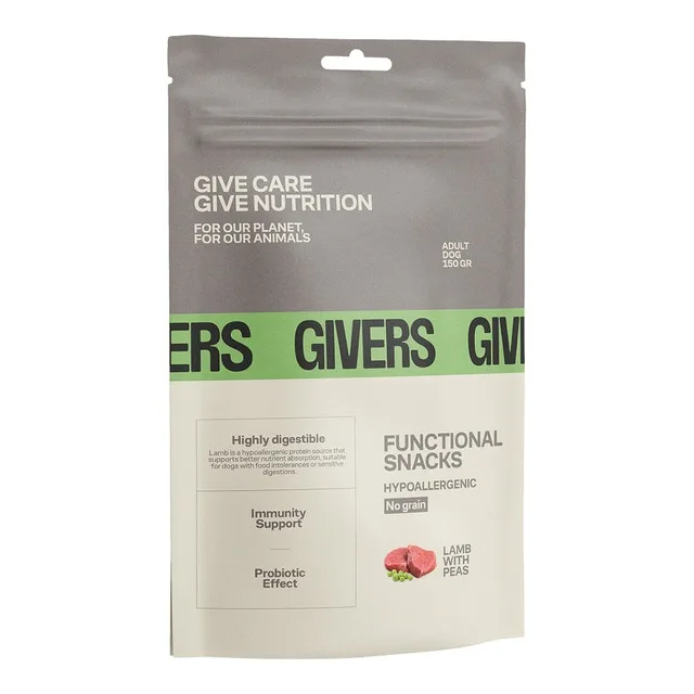 Givers - Snacks para perros adultos hipoalergénicos Givers cordero con guisantes 150 gr.