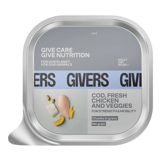 Givers - Alimento húmedo para gatos adultos esterilizados Givers bacalao, pollo y vegetales 85 gr.