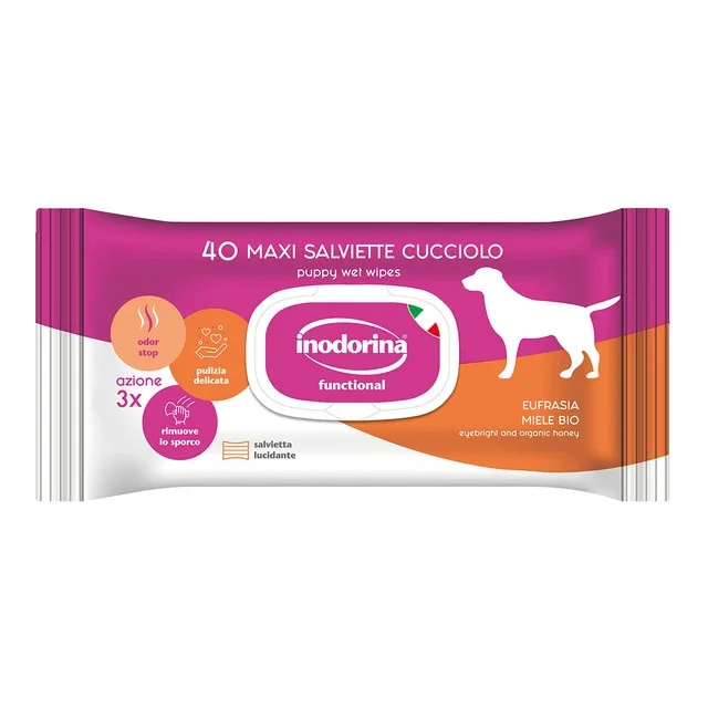 Inodorina - Toallitas Inodorina para perros y gatos cachorros con eufrasia y miel 40 uds.
