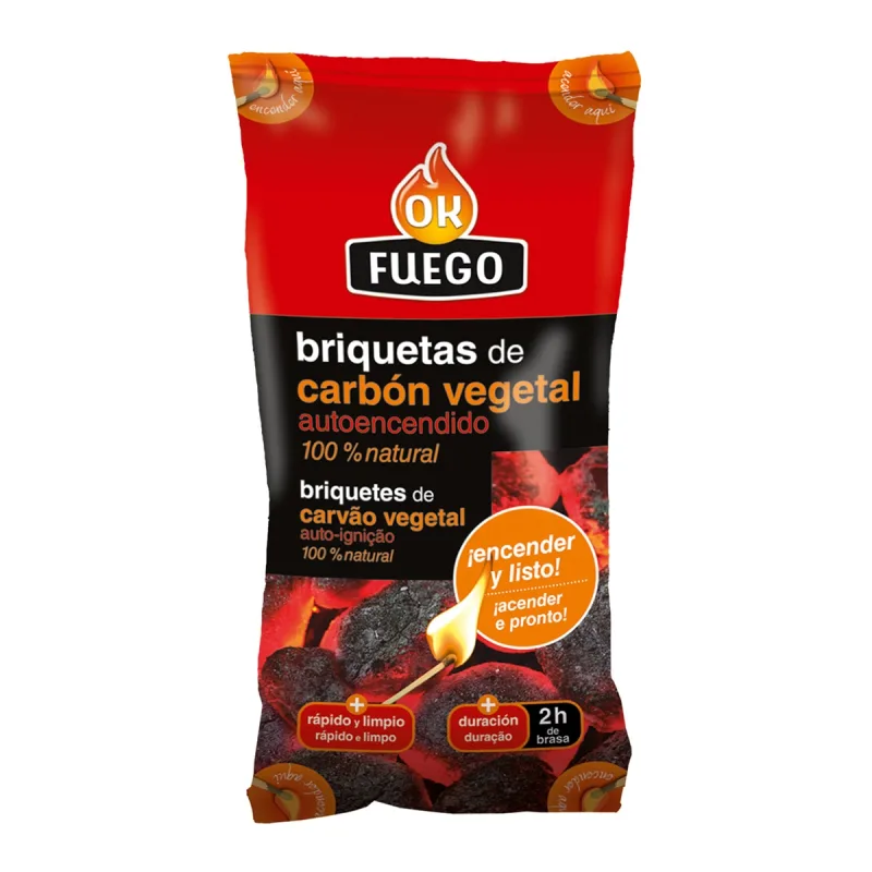 OK FUEGO - Briquetas de Carbón Vegetal Autoencendible 1,5 kg.