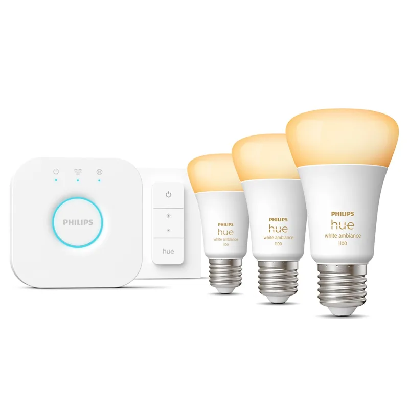 Philips - Pack 3 bombillas Philips Hue White Ambiance 10,5W E27 + puente + mando inalámbrico (Reacondicionado A estrenar).