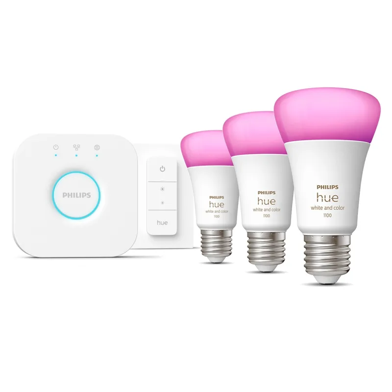 Philips - Kit de inicio Philips Hue White and Color Ambiance E27 (3 bombillas, puente Hue y un mando) (Reacondicionado A estrenar).