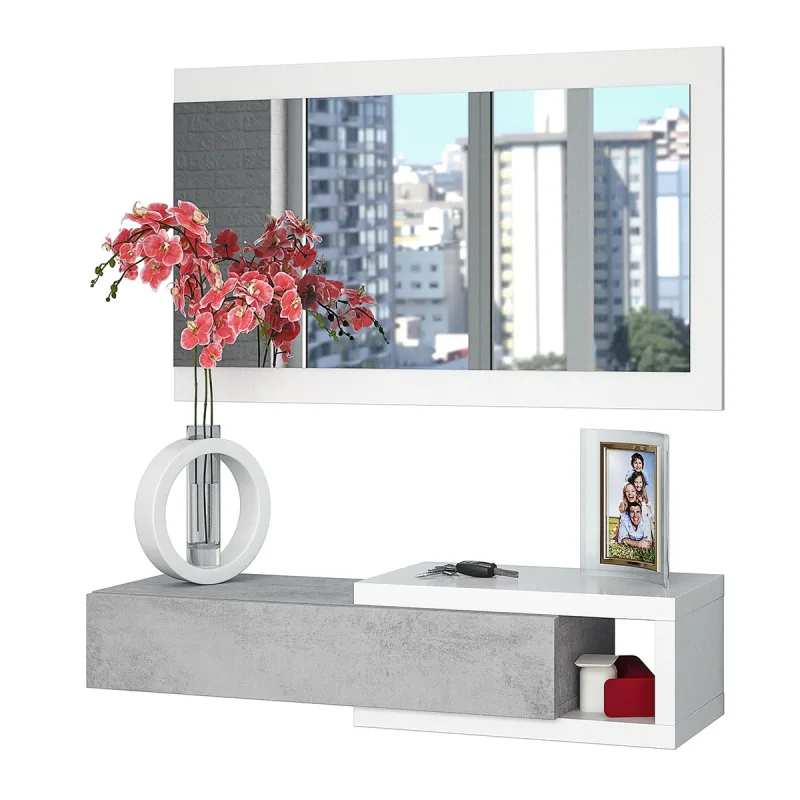 Fores - Recibidor Noon 1 Balda + 1 Cajón y Espejo Rectangular.