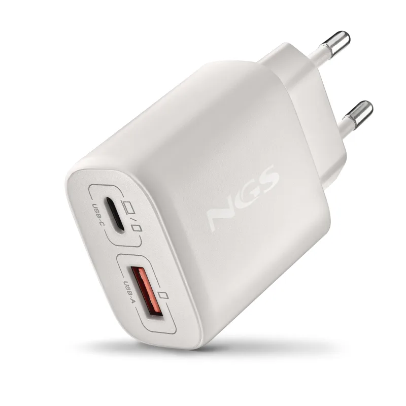 NGS - Cargador NGS EON 45W WHITE gan de pared con una salida usb-c (pd & pps) salida usb-a qc 3.0 de 45w de potencia máxima.