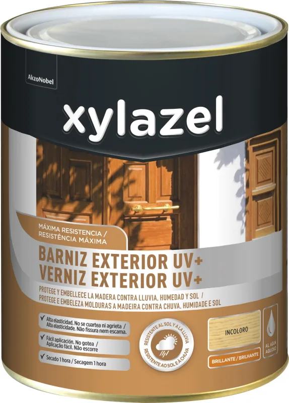 Barniz de madera de exterior color incoloro para ventana, puerta, persiana, valla, mobiliario, cancela xylazel brillante 750 ml base agua