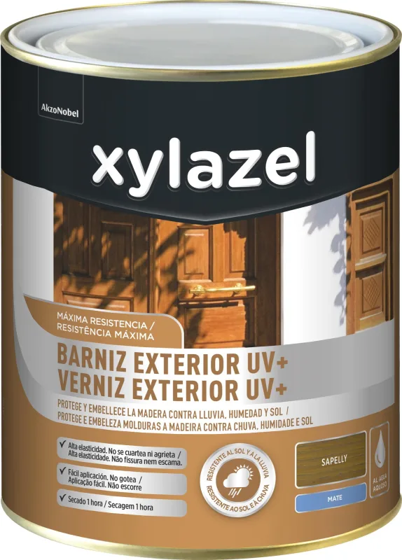 Barniz de madera de exterior color sapelly para ventana, puerta, persiana, valla, mobiliario, cancela xylazel mate 750 ml base agua