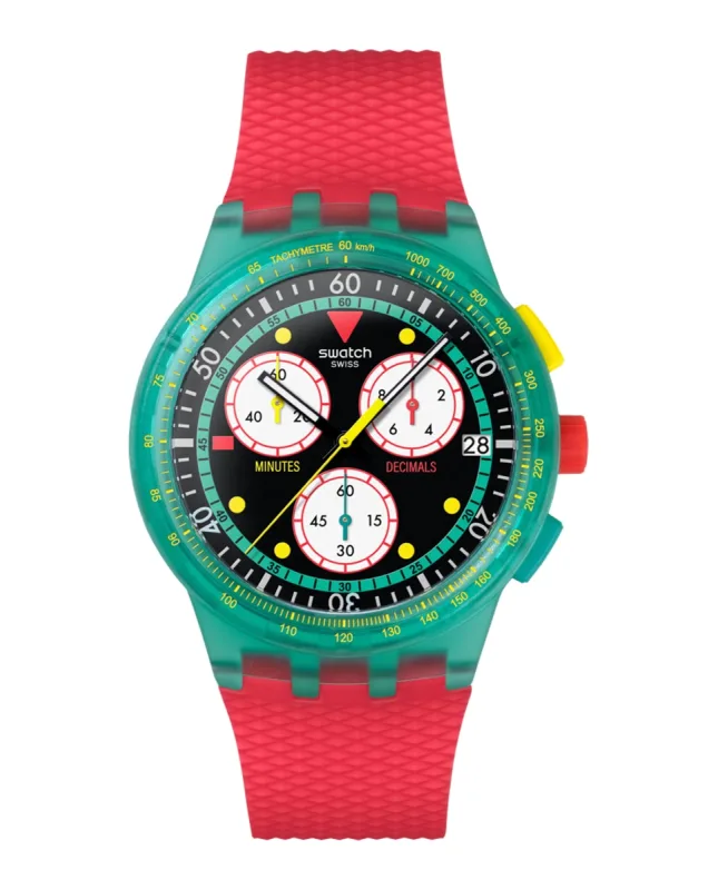 Swatch - Reloj unisex swatch neon emerald chrono con correa de silicona roja.