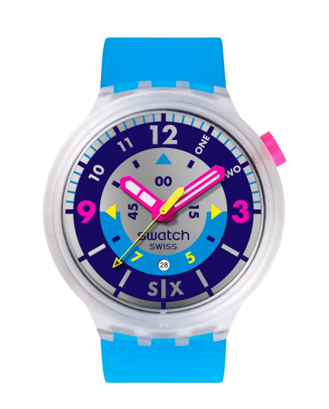 Swatch - Reloj unisex swatch neon hielo con correa de silicona azul.