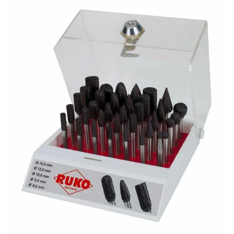 Surtido de 35 fresas de metal duro ticn con vástago de 6 mm en vitrina de plástico ruko 116008tc