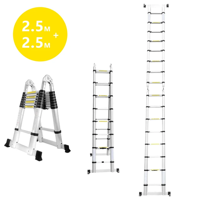 Escalera telescópica de aluminio de 2,5 + 2,5 m, escalera telescópica multifunción alta para desván, color negro