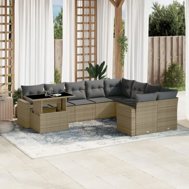 Muebles de jardín con cojines 10 piezas resina tejida beige