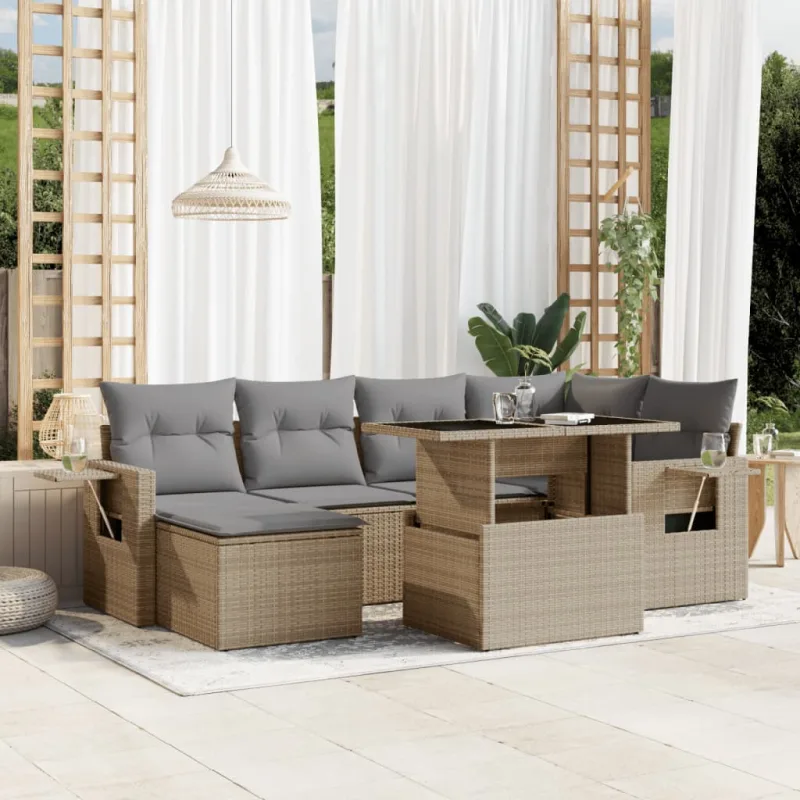 Muebles de jardín con cojines 7 piezas resina tejida beige