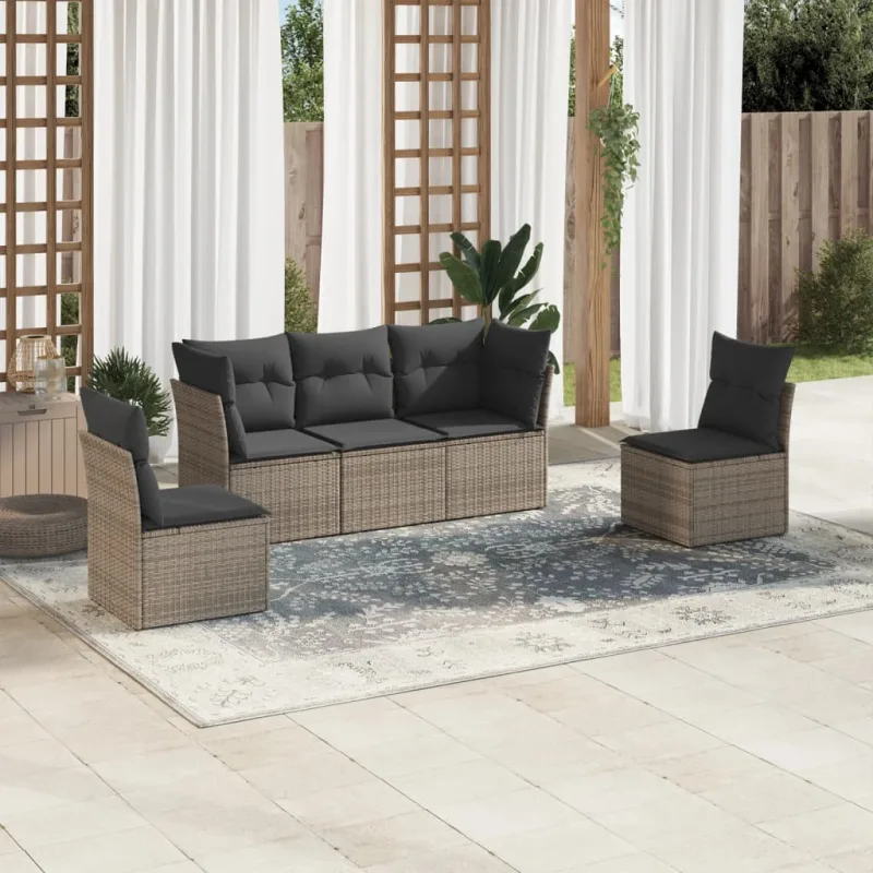 Muebles de jardín de 5 piezas con cojines de resina tejida gris.
