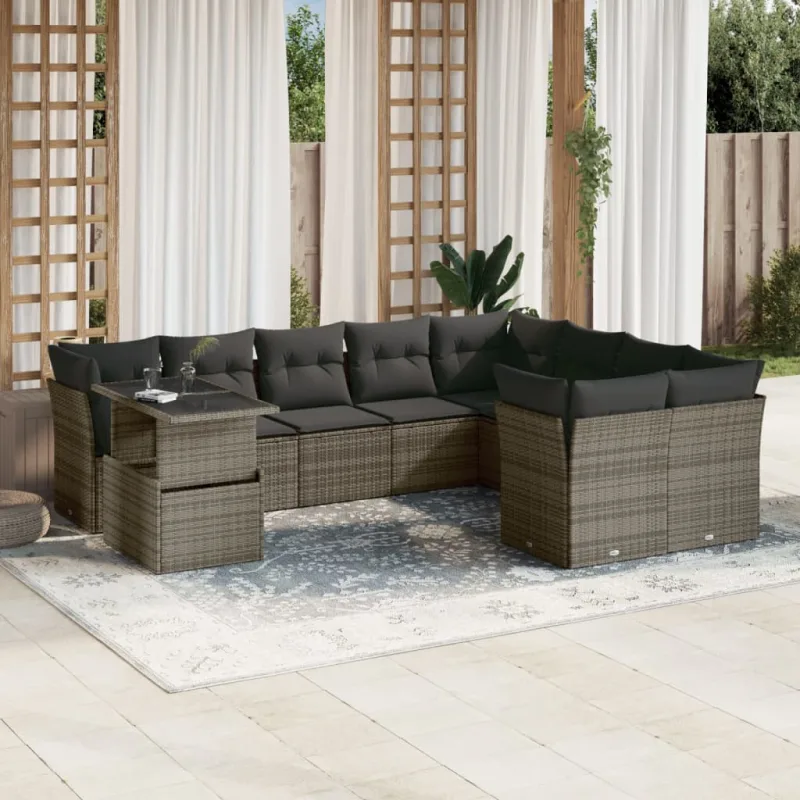 Muebles de jardín con cojines 10 piezas resina tejida gris.