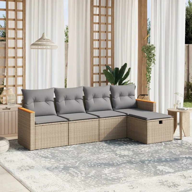 Muebles de jardín con cojines 5 piezas beige mezcla resina tejida