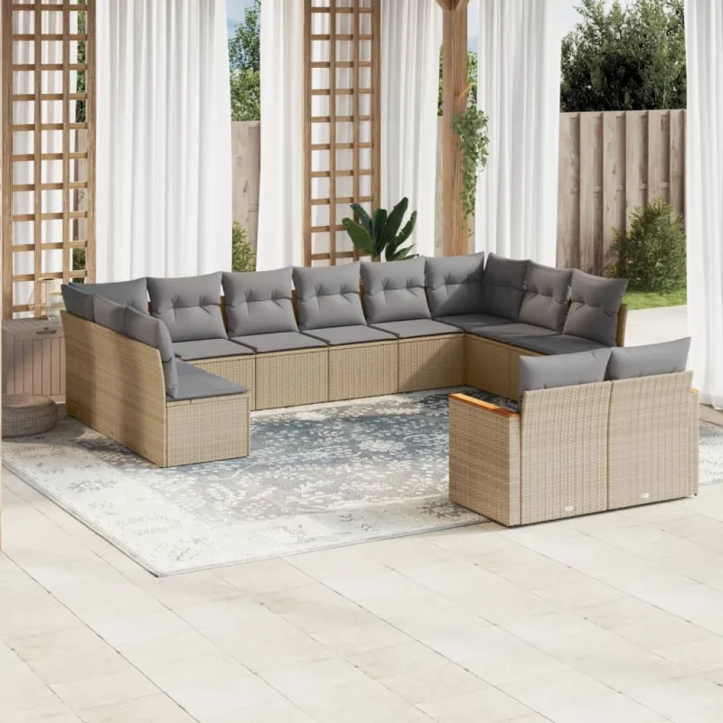 Muebles de jardín con cojines 12 piezas resina tejida beige