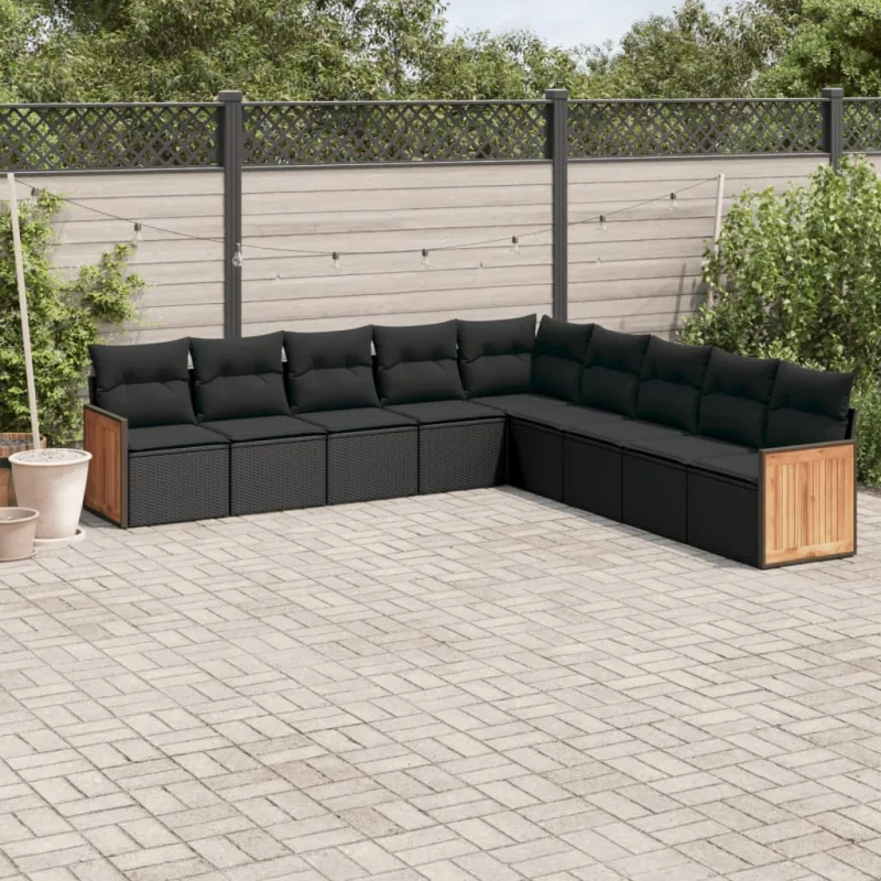 Muebles de jardín de 9 piezas con cojines de resina tejida en negro.