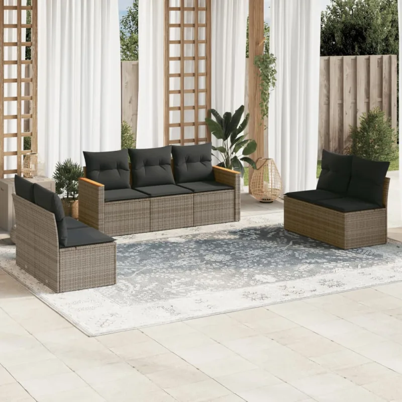 Muebles de jardín con cojines 7 piezas resina tejida gris.
