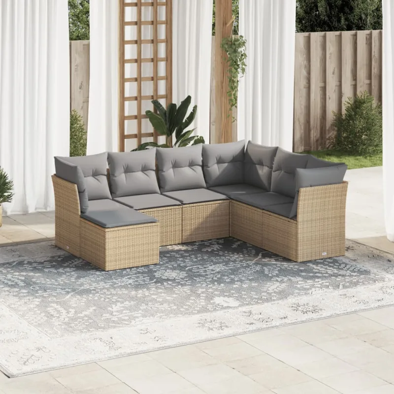 Muebles de jardín con cojines 7 piezas resina tejida beige