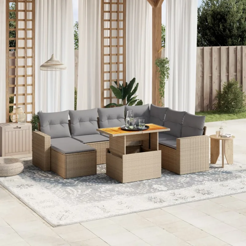 Muebles de jardín con cojines 8 piezas resina tejida beige
