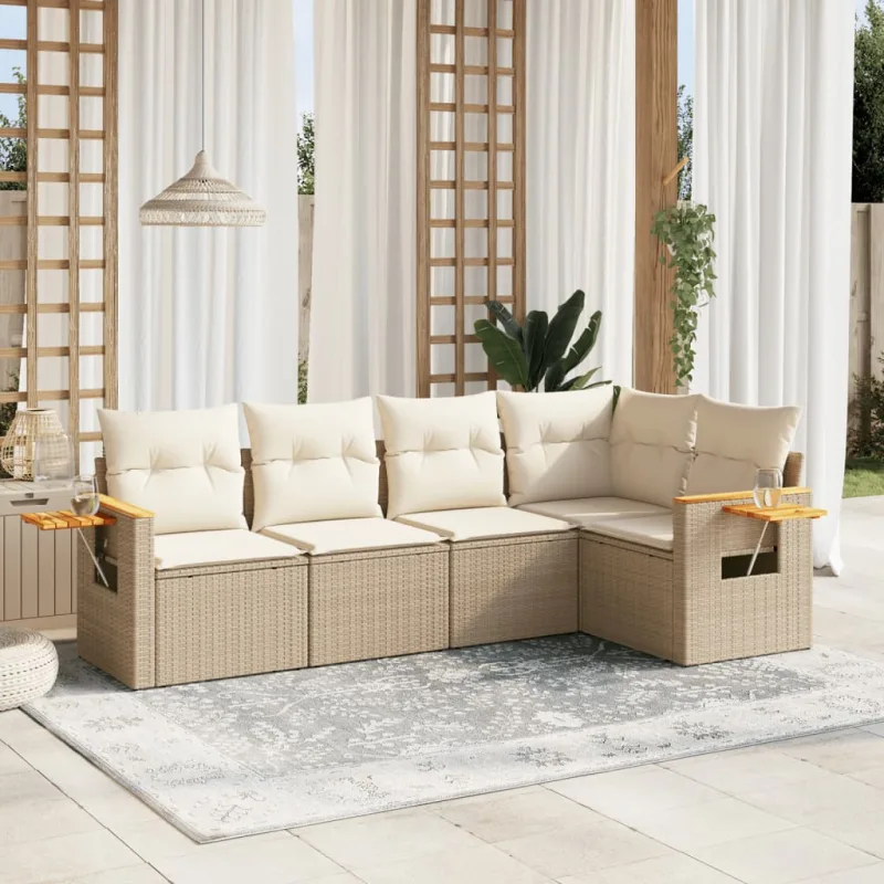 Muebles de jardín con cojines 5 piezas resina tejida beige