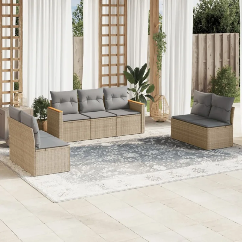 Muebles de jardín con cojines 7 piezas resina tejida beige