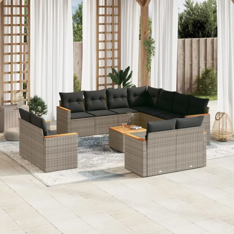 Muebles de jardín con cojines 12 piezas resina tejida gris.