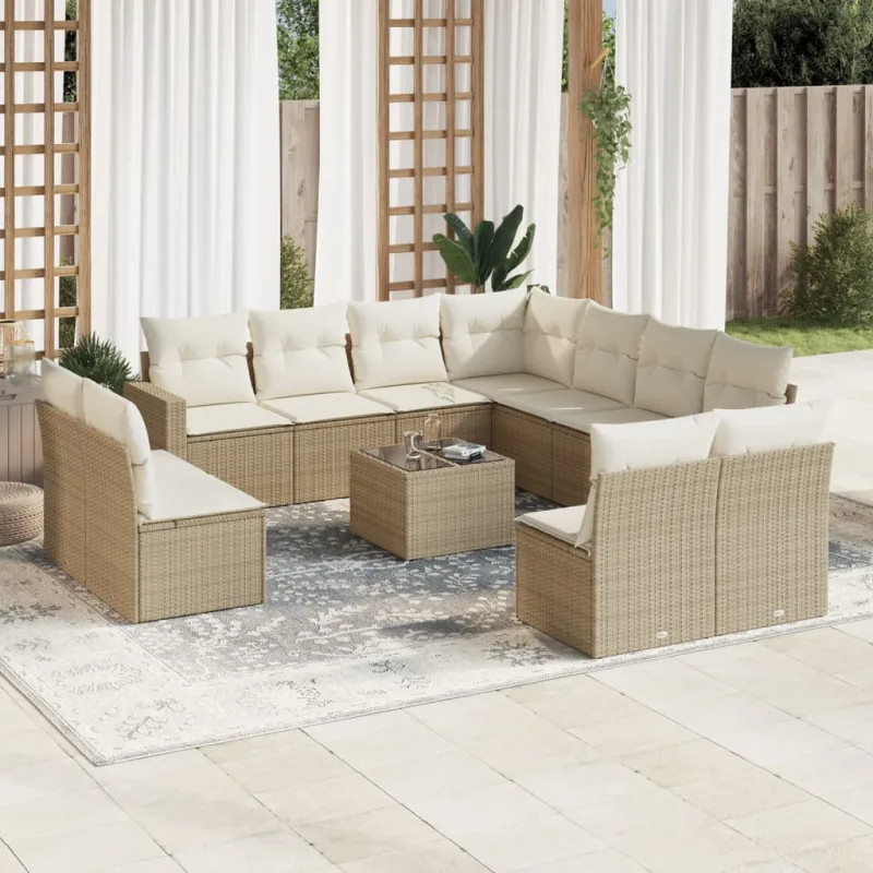 Muebles de jardín con cojines 12 piezas resina tejida beige