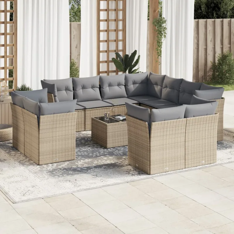 Muebles de jardín con cojines 12 piezas resina tejida beige