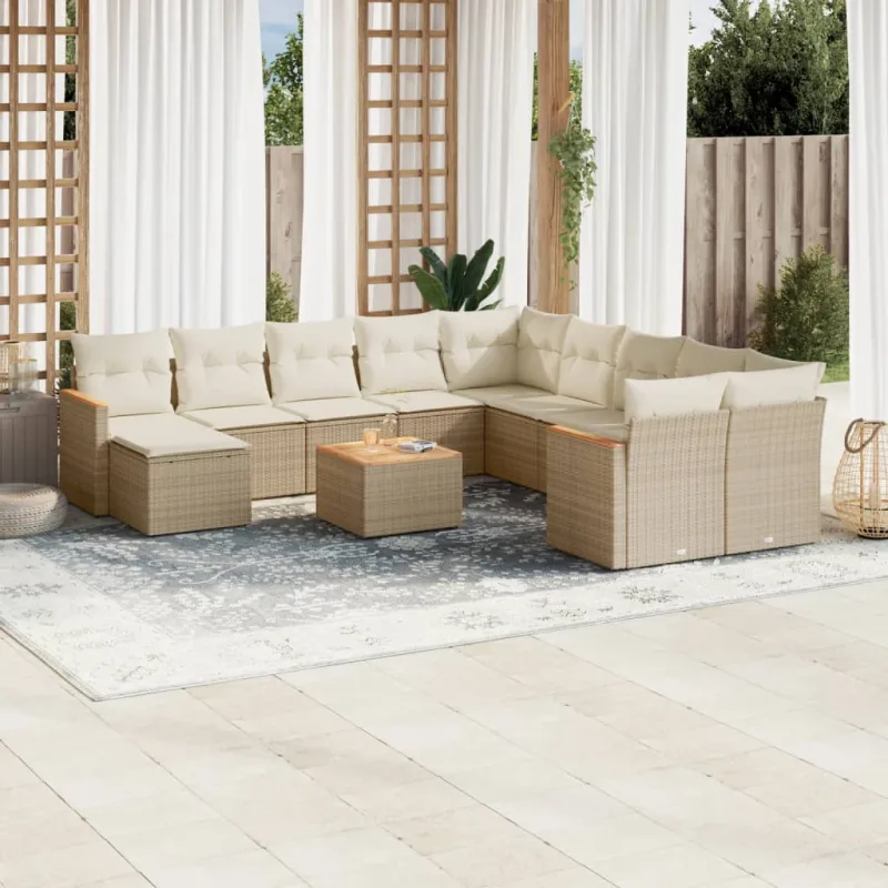 Muebles de jardín con cojines 12 piezas resina tejida beige
