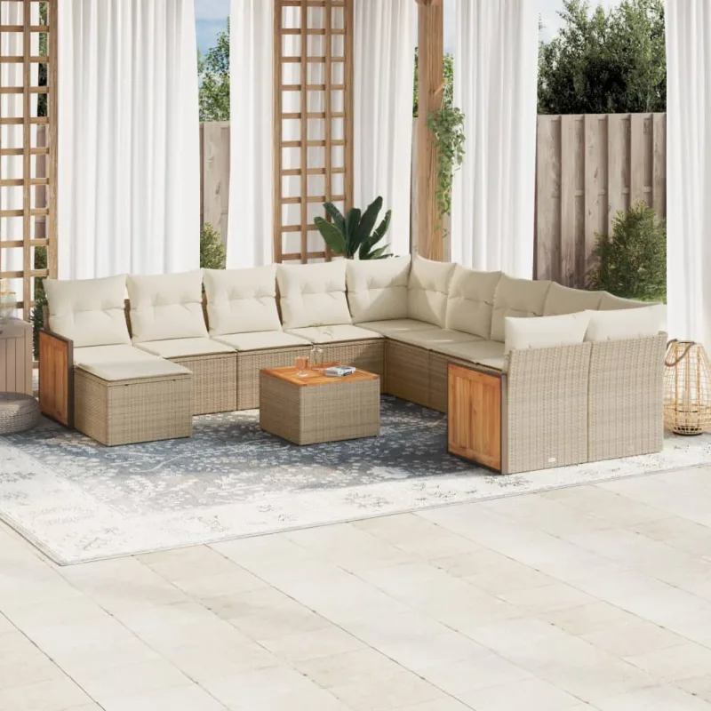 Muebles de jardín con cojines 12 piezas resina tejida beige