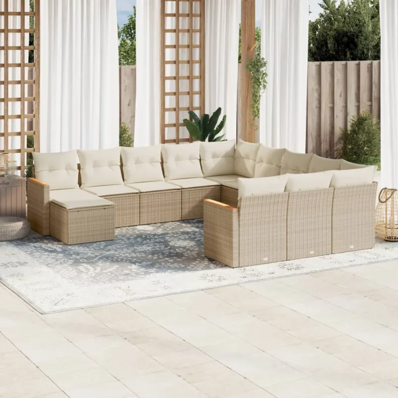 Muebles de jardín con cojines 12 piezas resina tejida beige