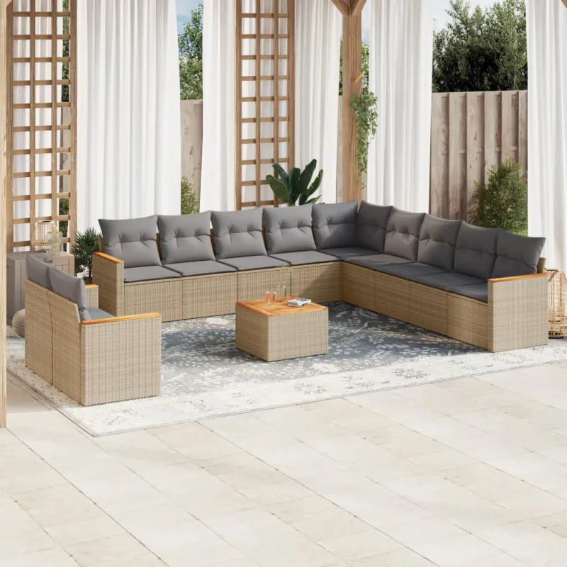 Muebles de jardín con cojines 12 piezas resina tejida beige