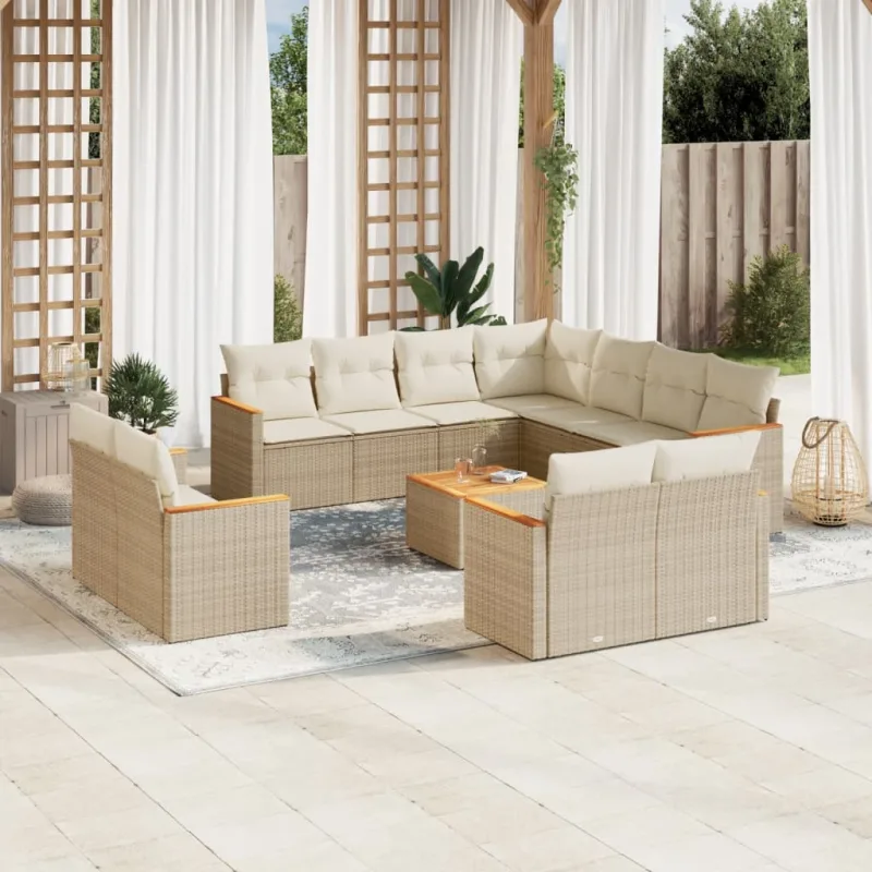Muebles de jardín con cojines 12 piezas resina tejida beige