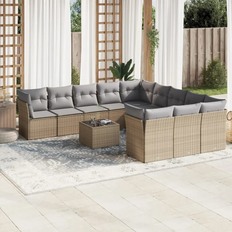 Muebles de jardín con cojines 12 piezas resina tejida beige