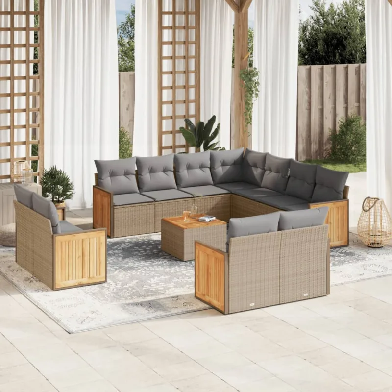 Muebles de jardín con cojines 12 piezas resina tejida beige