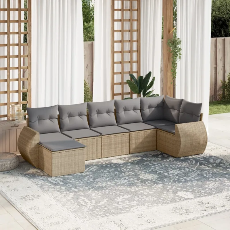 Muebles de jardín con cojines 7 piezas resina tejida beige