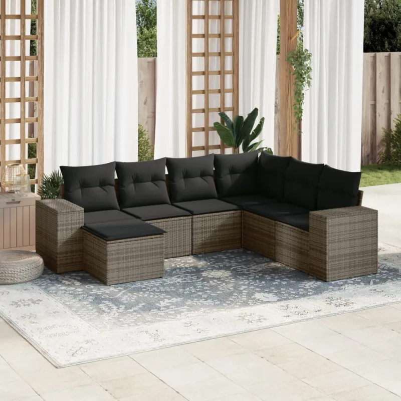 Muebles de jardín con cojines 7 piezas resina tejida gris.