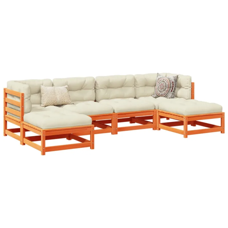 Muebles de jardín de 6 piezas con cojines encerados marrones en madera maciza de pino.