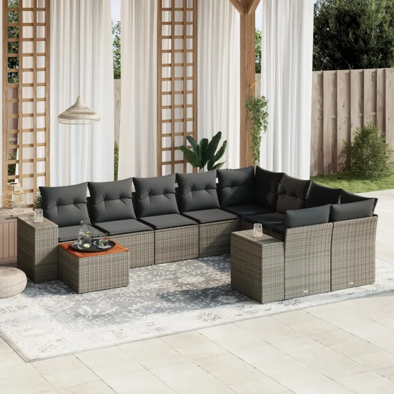 Muebles de jardín con cojines 10 piezas resina tejida gris.