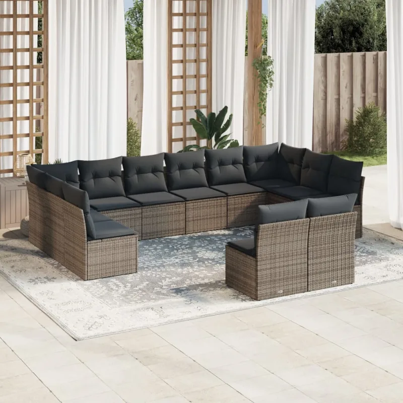 Muebles de jardín con cojines 12 piezas resina tejida gris.