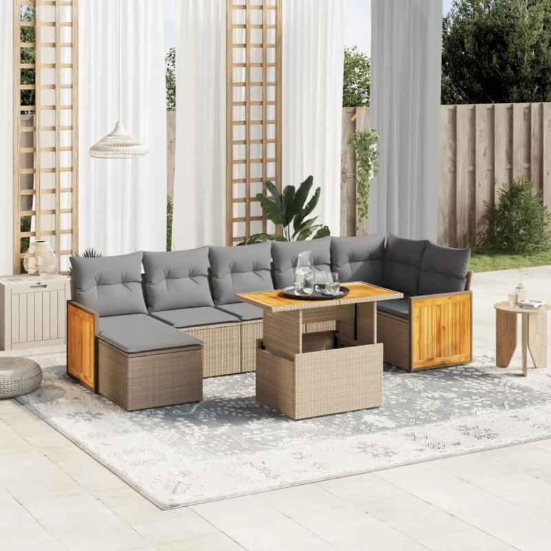 Muebles de jardín con cojines 8 piezas resina tejida beige
